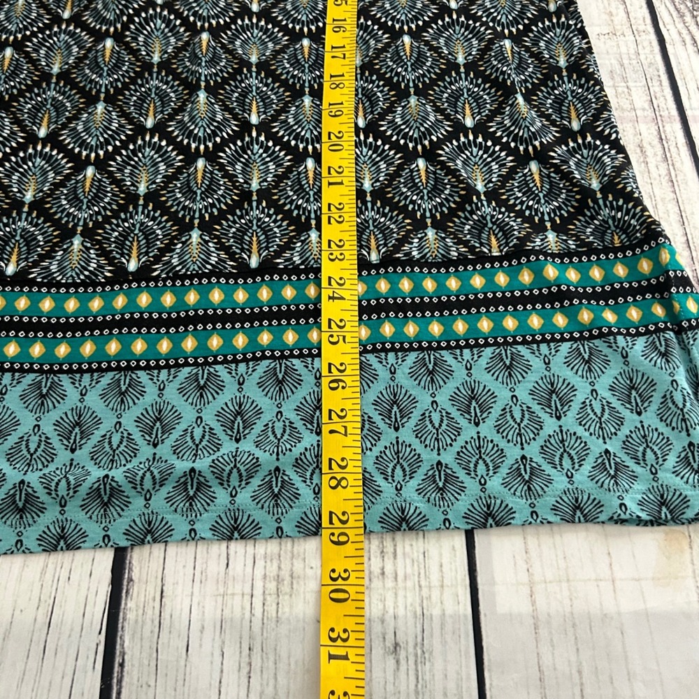 J. Jill Petite Large Peacock Print Henley Tunic Top Teal Black 3/4 Sleeve Rayon - Picture 10 of 10